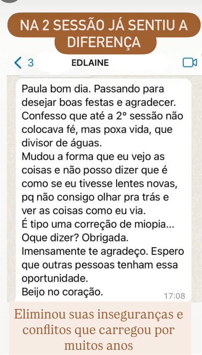 Print de WhatsApp da paciente Edlaine dizendo que na segunda sessão de Terapia Breve já sentiu a diferença e eliminou inseguranças que carregava havia anos