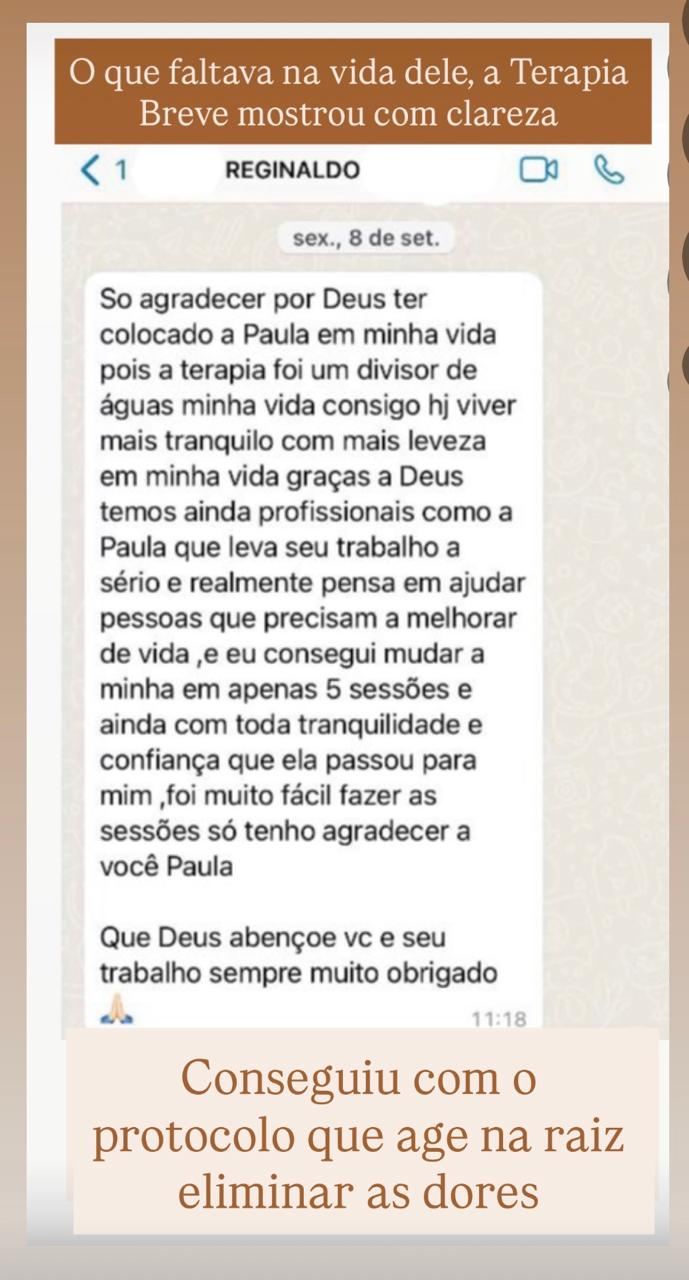 Print de WhatsApp do paciente Reginaldo contando que a Terapia Breve mostrou com clareza o que faltava e que ele conseguiu eliminar as dores agindo na raiz